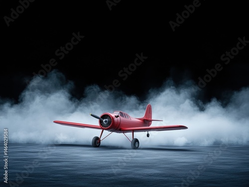 Vintage red airplane in smoky environment