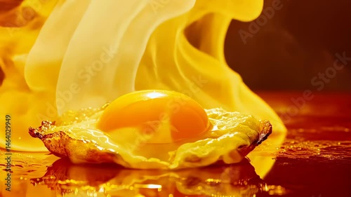 Close-up of fried egg with runny yolk and steam over it on dark red background with yellow lighting.	
