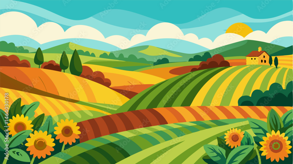 Fototapeta premium The rolling farmlands are a symphony of colors with vibrant fields of corn soybeans and sunflowers filling the valleys and crests of the hills.