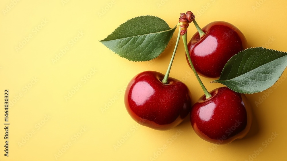 Obraz premium Three Ripe, Red Cherries, With Stems and Leaves, Isolated on a Vibrant Yellow Background.