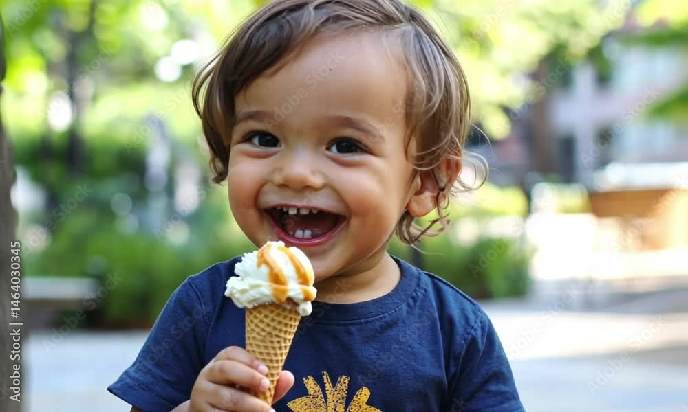 A joyful child holding an ice cream cone outdoors in a sunny park. A joyful child holding an ice cream cone outdoors in a sunny park.