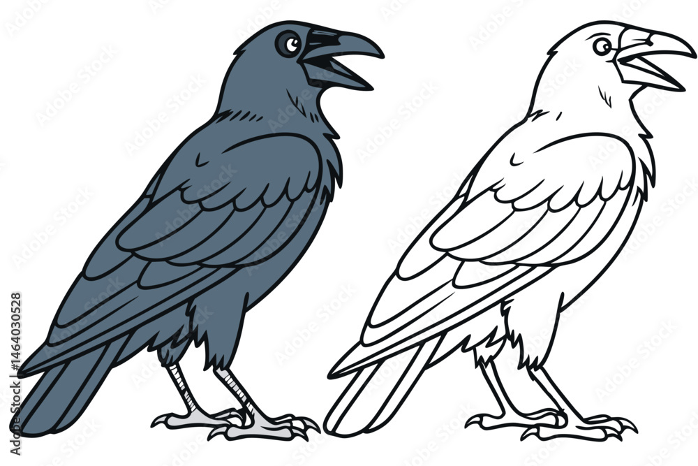 Fototapeta premium 76 Cartoon crows, side-by-side comparison, black and white outline, colored illustration, corvid anatomy, detailed feathers, sharp beaks, intelligent eyes, perched birds, educational diagram, ornithol