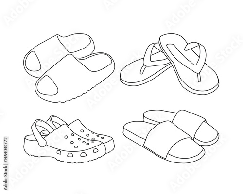 Vector set of summer sandals: flip-flops, slides, crocs, and beach slippers. Fun casual footwear illustration, perfect for summer, vacation, or beach-themed designs.