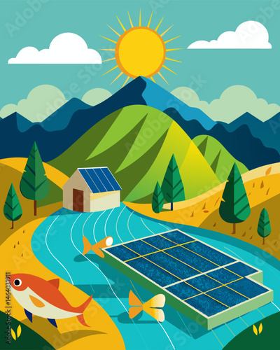 Nestled a rolling hills a solarpowered fish farm utilizes the natural landscape to its advantage positioning its solar panels to maximize energy production for its various. Vector illustration