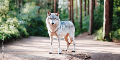 A grey wolf standing on a dirt road in a forest. The wolf appears to be looking at the camera