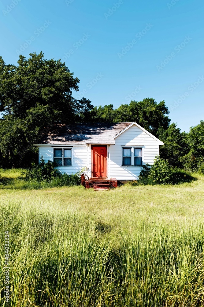 A small white house with a red door sits in a grassy field. The house is surrounded by trees and the sky is clear and blue A small white house with a red door sits in a grassy field. The house is surrounded by trees and the sky is clear and blue
