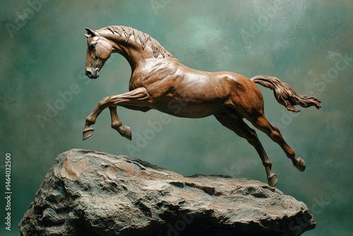 A bronze sculpture of a leaping steed atop a rock formation.
