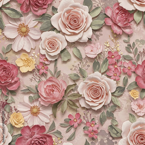 Pink & Peach 3D Floral Pattern, Embossed Roses & Flowers