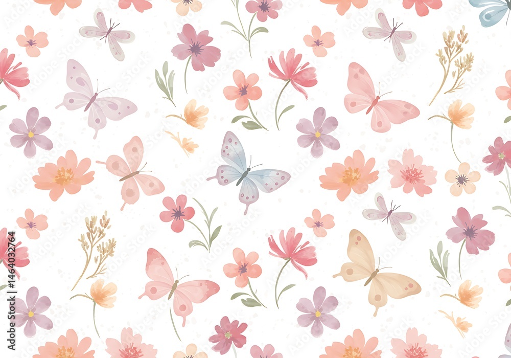 Fototapeta premium Pastel Butterflies and Flowers Seamless Pattern