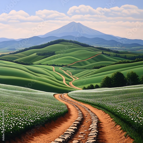 Serene Winding Country Road Through Lush Green Hills and White Flowers Leading to Majestic Mountain