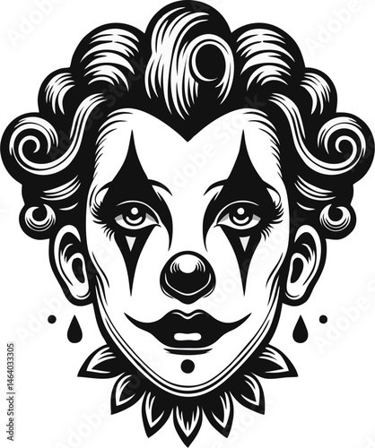 Sad Clown with Curly Hair, Tear Marks, and Bold Makeup in Black and White
