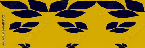 Seamless Abstract Leaf Pattern with Navy Shapes on Mustard Yellow Background.