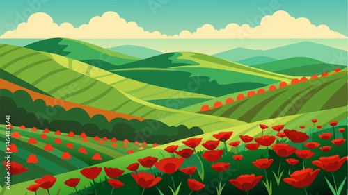 The rolling hills are covered in a blanket of crimson poppies creating a breathtaking contrast against the lush green fields.