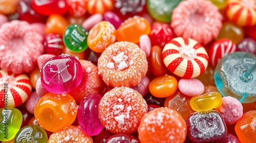 A vibrant mix of colorful hard candies and jelly sweets creates a delightful and sweet background texture.