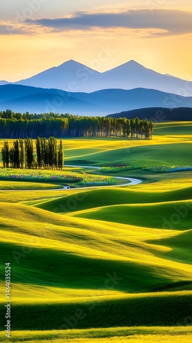 Serene Rolling Hills Landscape at Sunrise Golden Fields Green Meadows Mountain View