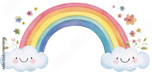 A Colorful Rainbow and Smiling Clouds