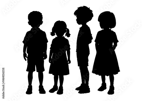 "Silhouetted four Children Standing in a Row – Minimalist Contrast"