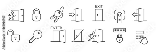 Security and access control icon set – line style safety and protection symbols for entry systems, key management, and secure access: exit sign, lock, key, fingerprint, password