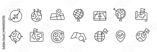 World travel and navigation icon set – outline style globe, map, and direction symbols for global exploration, tourism, and journey planning: compass, airplane, location pin, itinerary