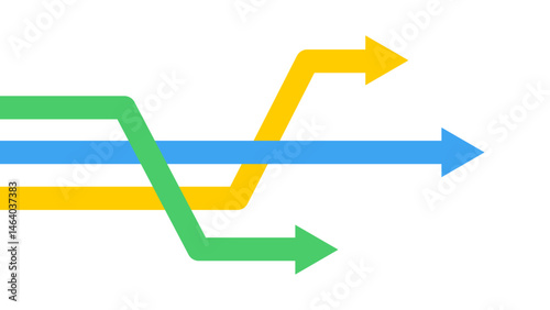 Three arrows in green, yellow, and blue take different trajectories but move in the same direction, symbolizing competition and diverse strategies
