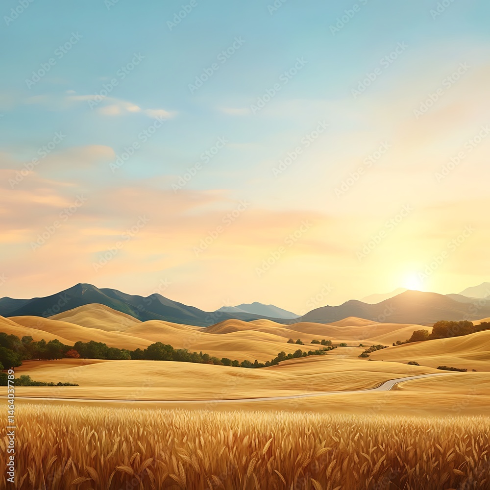 Obraz premium Golden Wheat Field at Sunset Serene Landscape with Rolling Hills and a Winding Road