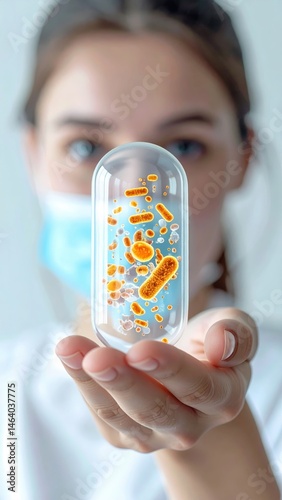 A person in a mask holds a transparent capsule filled with illustrated bacteria, symbolizing probiotics or microbiome research.