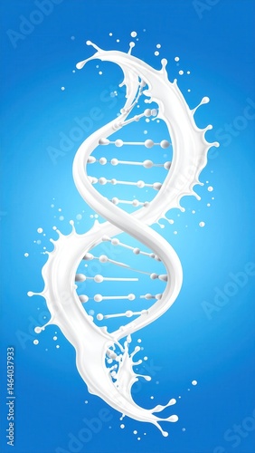 A DNA double helix made of splashing milk against a blue background, symbolizing the connection between genetics and dairy.