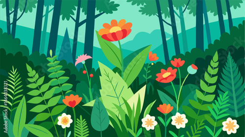 Wildflowers and ferns carpet the forest floor adding a pop of color against the vibrant greens of the trees.