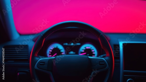 A car dashboard and steering wheel illuminated by neon blue and pink lights, creating a futuristic and vibrant atmosphere.