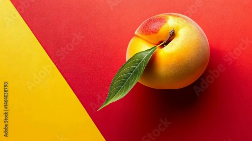 Top view of ripe peach with green leaf on yellow-red background.