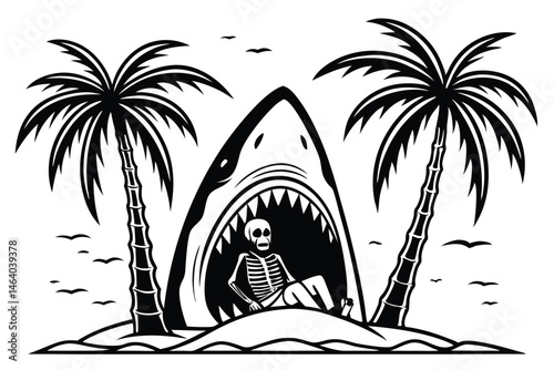 80 Shark mouth open wide, skeleton sitting inside, palm trees, black and white illustration, tattoo style, sharp teeth, tropical theme, macabre, surreal, detailed linework, contrast, beach vacation go