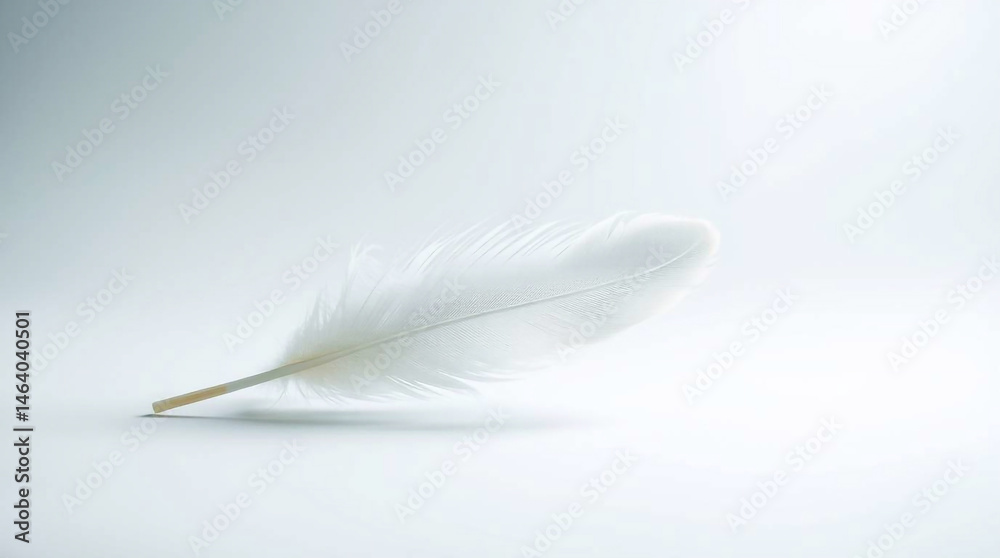 Obraz premium Ethereal fine art photograph of a single white feather on a white background, soft contrast, gentle color contrasts, creating a dreamlike atmosphere with a light aura and mystical feeling.jpg