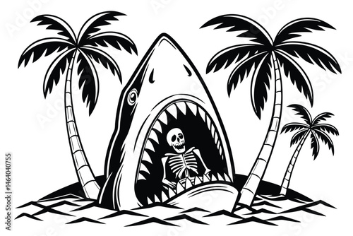 80 Shark mouth open wide, skeleton sitting inside, palm trees, black and white illustration, tattoo style, sharp teeth, tropical theme, macabre, surreal, detailed linework, contrast, beach vacation go