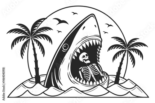 80 Shark mouth open wide, skeleton sitting inside, palm trees, black and white illustration, tattoo style, sharp teeth, tropical theme, macabre, surreal, detailed linework, contrast, beach vacation go