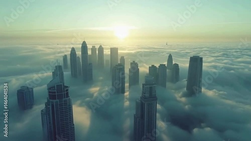 Fog-Enveloped Downtown Dubai Skyscrapers at Early Morning Golden Hour with Unique Elevated Urban Perspective and Dramatic Atmospheric Haze