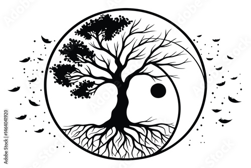 81 Black and white illustration, silhouette of a tree, abstract roots, ink splatter, minimalist design, negative space, surreal artwork, organic shapes, monochromatic palette, artistic composition, na