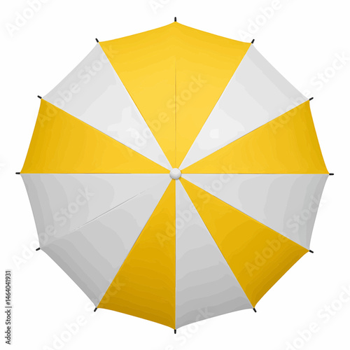 Beach umbrella from above. Bright yellow and bright white on a transparent white background, suitable for vector graphics.