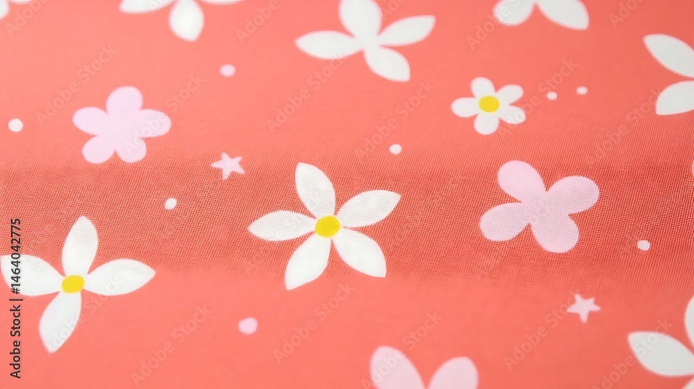 Playful floral textile with white blossoms against a vibrant coral background Playful floral textile with white blossoms against a vibrant coral background
