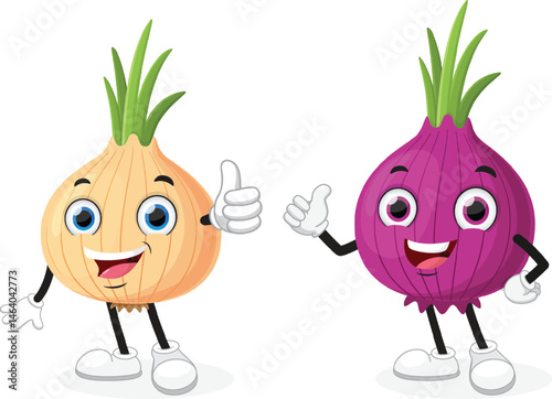 Cute red onion and garlic cartoon mascot characters, isolated on white backgrounds