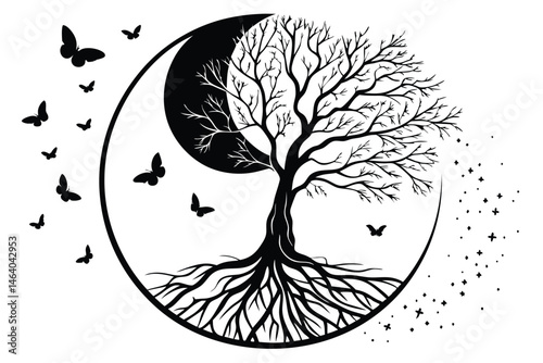 81 Black and white illustration, silhouette of a tree, abstract roots, ink splatter, minimalist design, negative space, surreal artwork, organic shapes, monochromatic palette, artistic composition, na