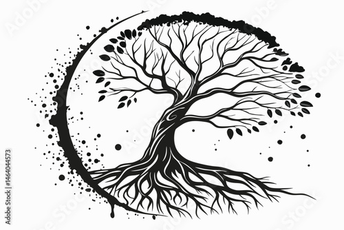 81 Black and white illustration, silhouette of a tree, abstract roots, ink splatter, minimalist design, negative space, surreal artwork, organic shapes, monochromatic palette, artistic composition, na