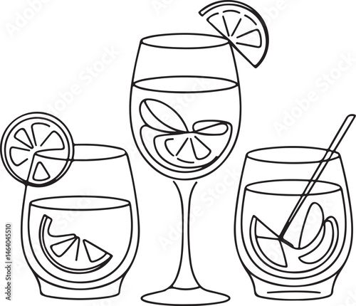Vector illustration of fresh summer juice and tropical alcohol cocktail drinks with fruit, ice, and citrus