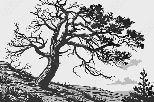 82 Black and white photography, twisted dead tree, gnarled branches, barren landscape, dramatic sky, pine needles, weathered wood, stark contrast, rugged terrain, desolate beauty, high-resolution deta