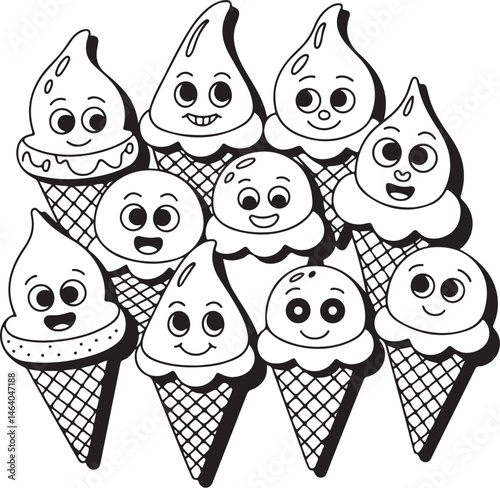 A delicious set of cold ice cream cones with chocolate, strawberry, and vanilla flavors, perfect for a sweet summer dessert illustration