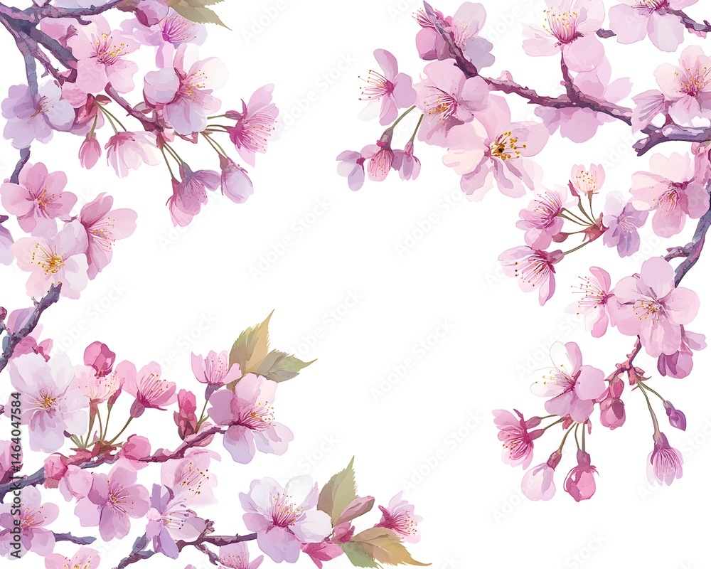 Fototapeta premium Delicate pink cherry blossoms frame a white background