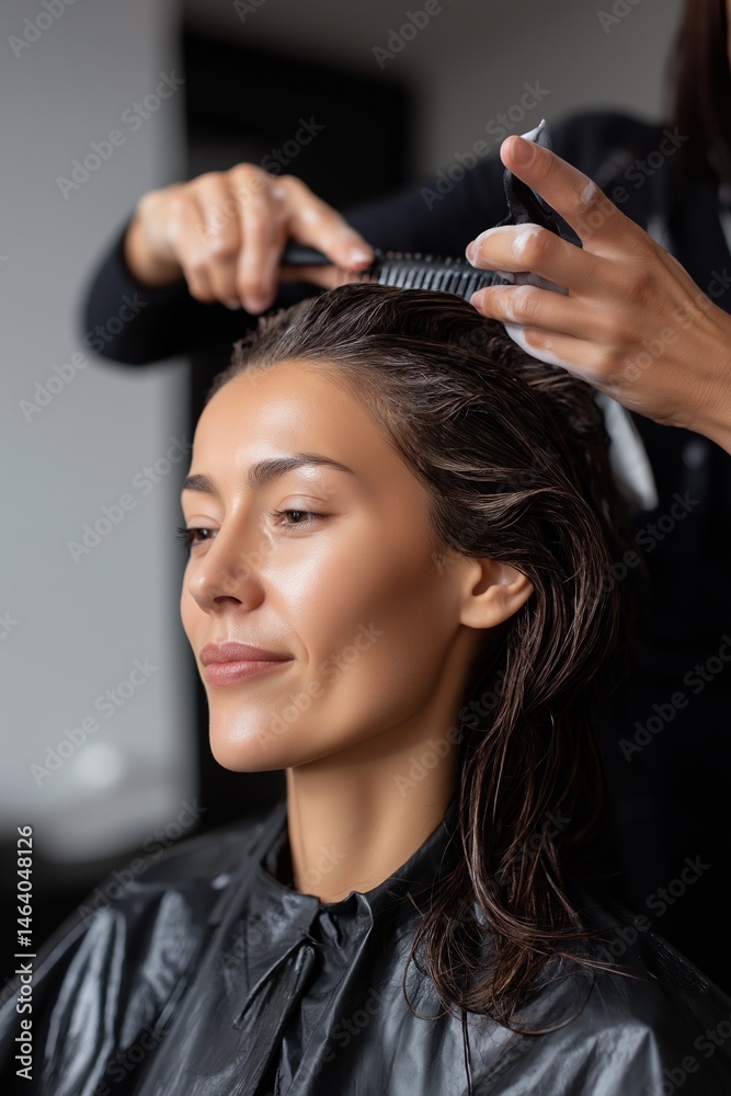 Fototapeta premium A woman is getting her hair done by a stylist. The stylist is using a comb to style the woman's hair. The woman is smiling and she is enjoying the experience