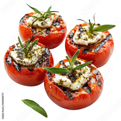 Grilled tomatoes stuffed with cheese and herbs isolated on transparent background