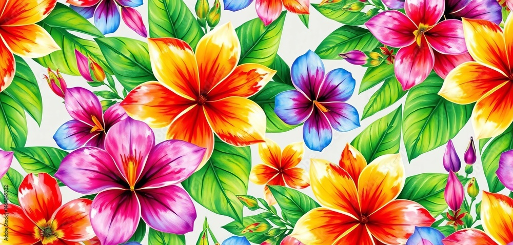 Vibrant watercolor tropical flowers, seamlessly repeating, image, design Vibrant watercolor tropical flowers, seamlessly repeating, image, design