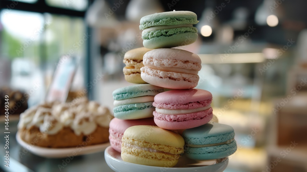 A beautiful arrangement of pastel macarons sit atop a white plate in a warm café setting. Each macaron boasts unique colors, promising tasty experiences to delight visitors