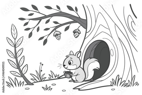 83 Black and white illustration, cute squirrel, tree hollow, detailed tree bark, acorns, grass, twigs, woodland scene, children's book style, line art, whimsical, cozy, nature, forest habitat, simple 